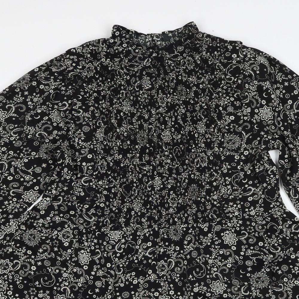 New Look Womens Black Geometric Polyester A-Line Size 10 Round Neck Button - Flower sun pattern