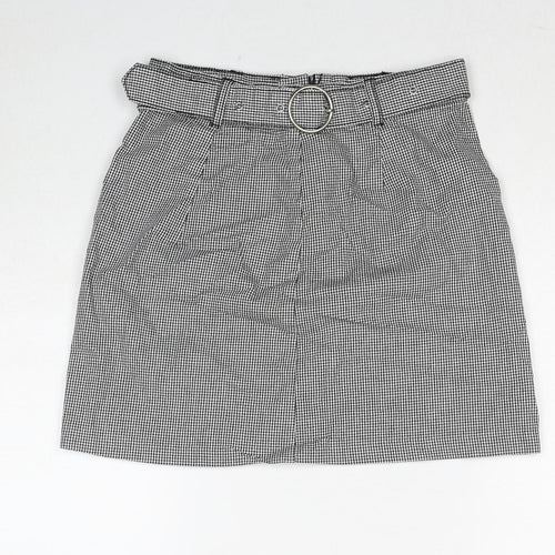H&M Womens Grey Geometric Cotton A-Line Skirt Size 8 Zip - Houndstooth Pattern Belted