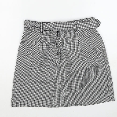 H&M Womens Grey Geometric Cotton A-Line Skirt Size 8 Zip - Houndstooth Pattern Belted