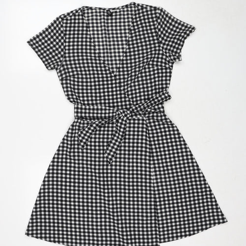 Divided by H&M Womens Black Check Polyester Wrap Dress Size 8 V-Neck Snap