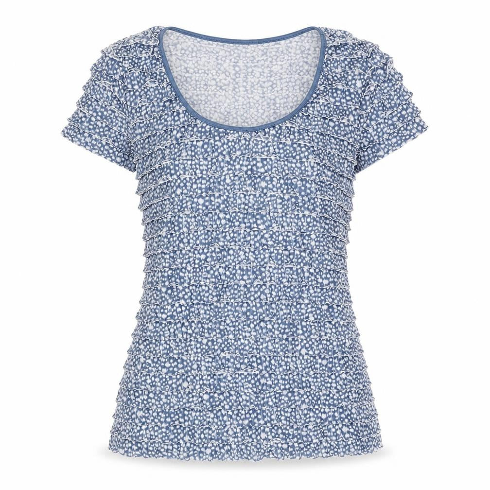 Front view of Phase Eight women’s blue geometric polyester basic t-shirt, size UK 8, scoop neck