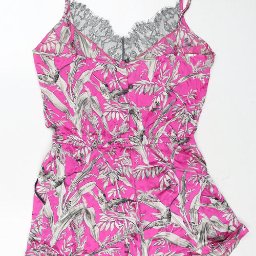 John Lewis Womens Pink Geometric Silk Playsuit One-Piece Size M Button - Leaf Print Lace Neckline