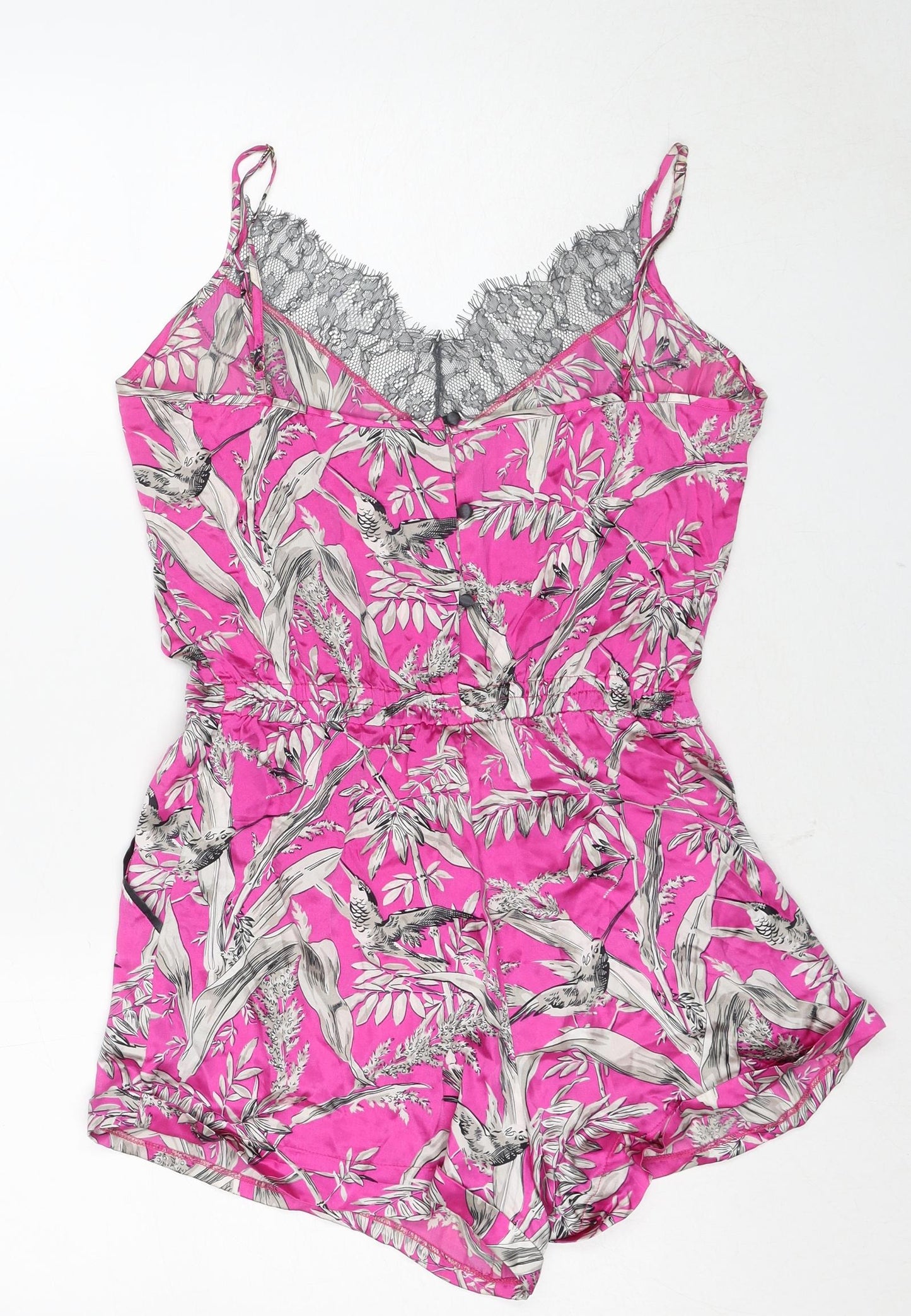 John Lewis Womens Pink Geometric Silk Playsuit One-Piece Size M Button - Leaf Print Lace Neckline