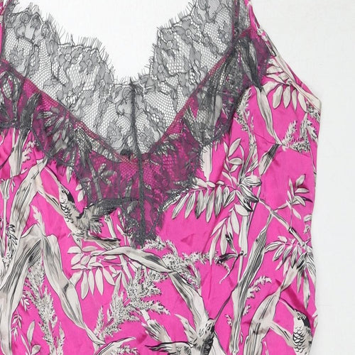 John Lewis Womens Pink Geometric Silk Playsuit One-Piece Size M Button - Leaf Print Lace Neckline