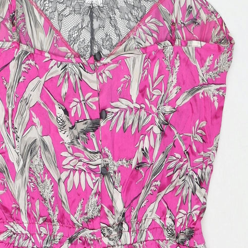 John Lewis Womens Pink Geometric Silk Playsuit One-Piece Size M Button - Leaf Print Lace Neckline