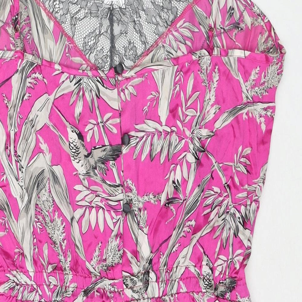 John Lewis Womens Pink Geometric Silk Playsuit One-Piece Size M Button - Leaf Print Lace Neckline