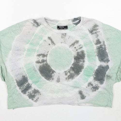Bershka Womens Green Geometric Cotton Cropped T-Shirt Size M Round Neck
