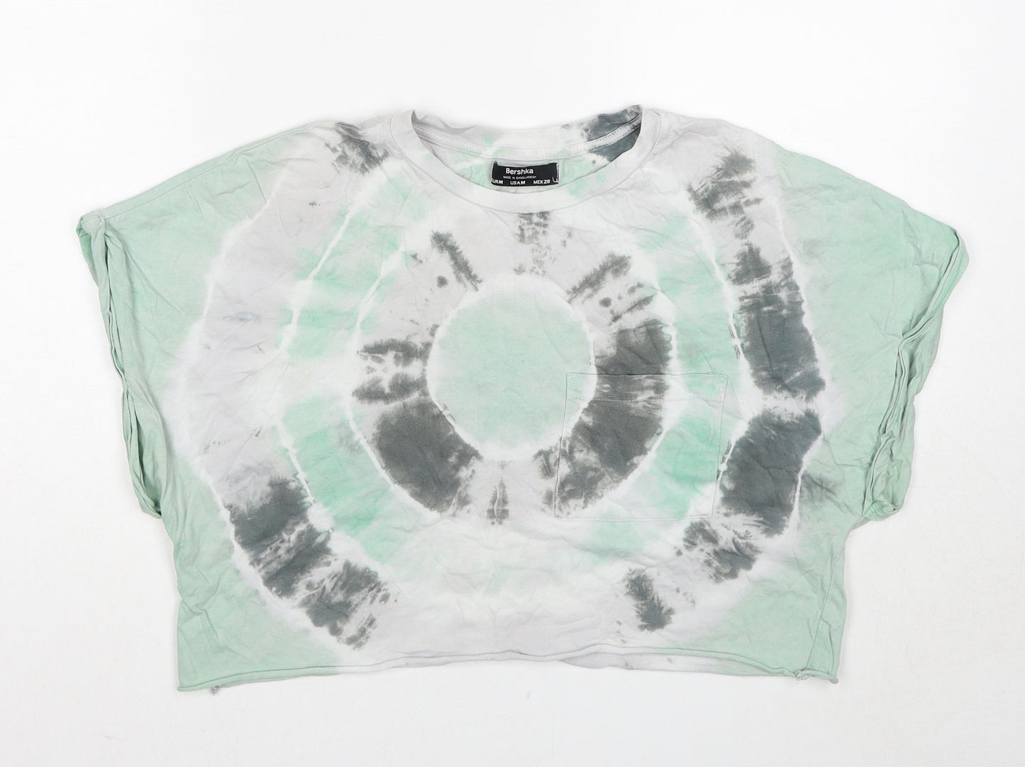 Bershka Womens Green Geometric Cotton Cropped T-Shirt Size M Round Neck