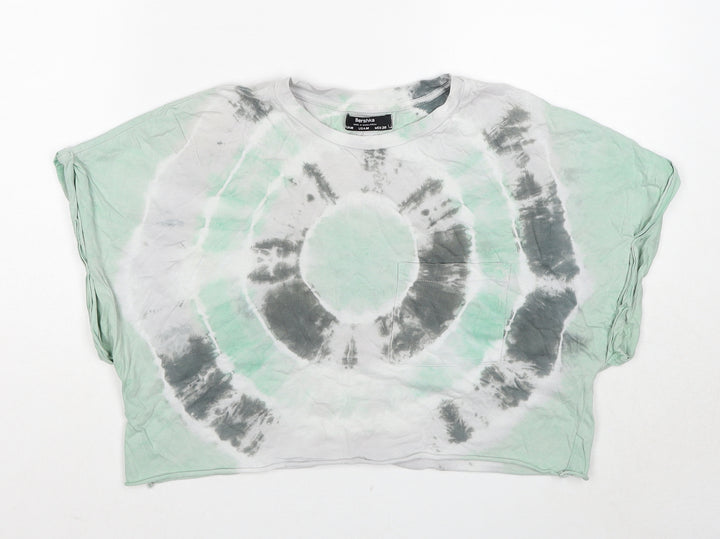 Bershka Womens Green Geometric Cotton Cropped T-Shirt Size M Round Neck