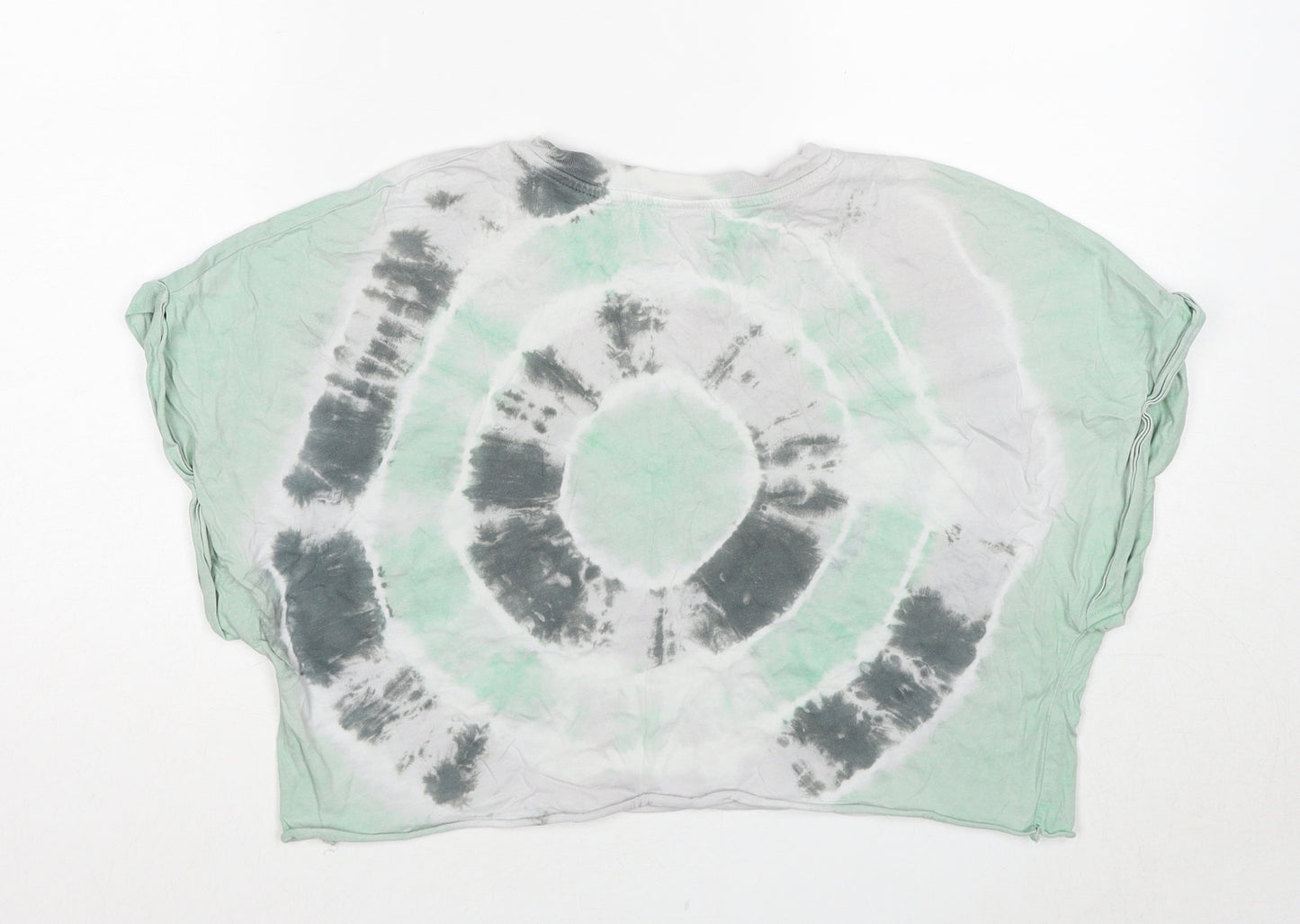 Bershka Womens Green Geometric Cotton Cropped T-Shirt Size M Round Neck
