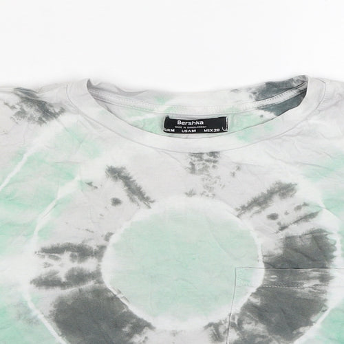 Bershka Womens Green Geometric Cotton Cropped T-Shirt Size M Round Neck