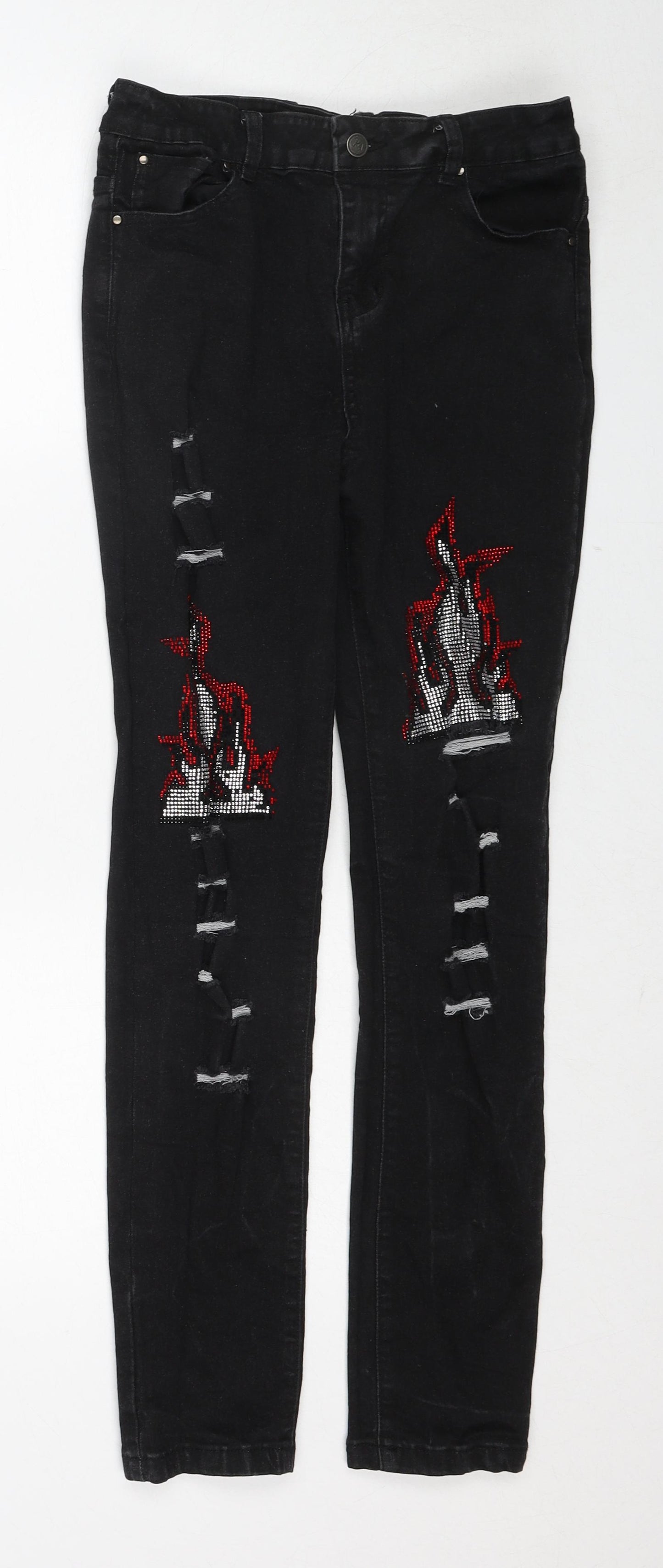 JK Attire Womens Black Cotton Skinny Jeans Size 12 Regular Zip - Fire