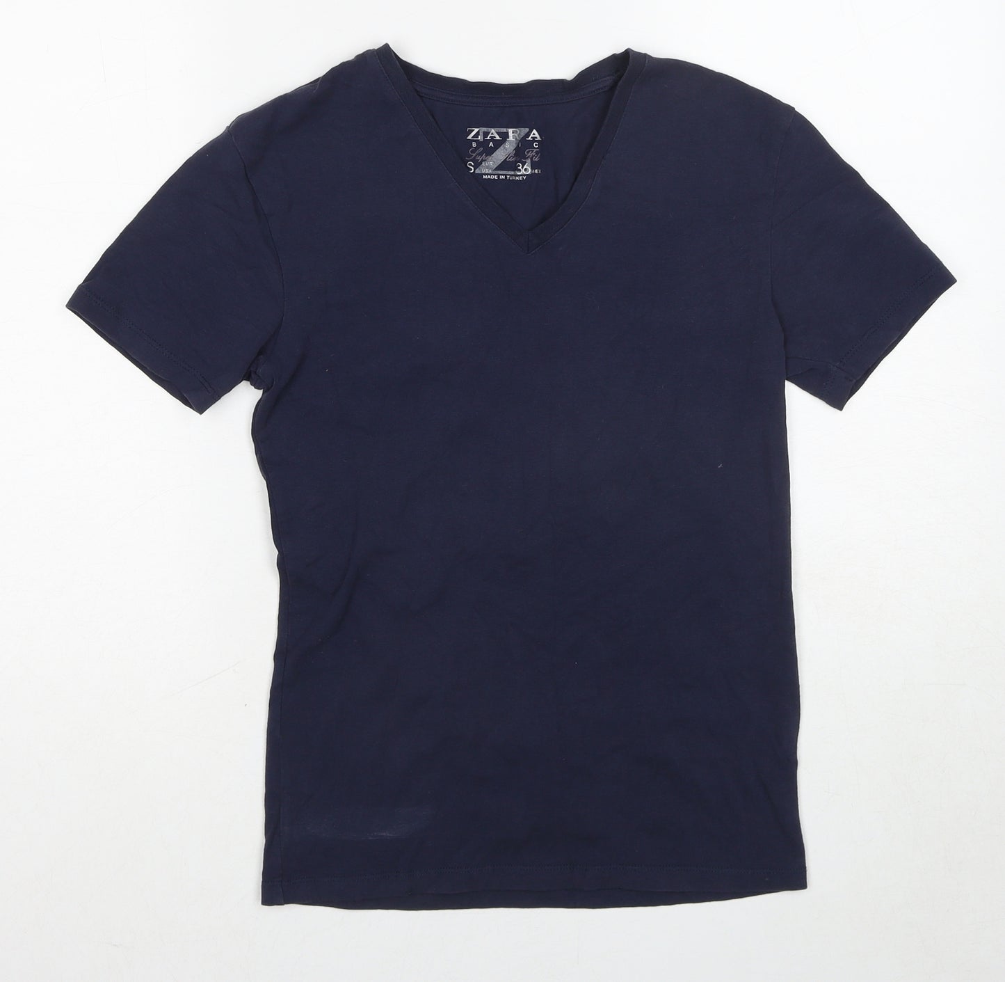 Zara Mens Blue Cotton T-Shirt Size S V-Neck