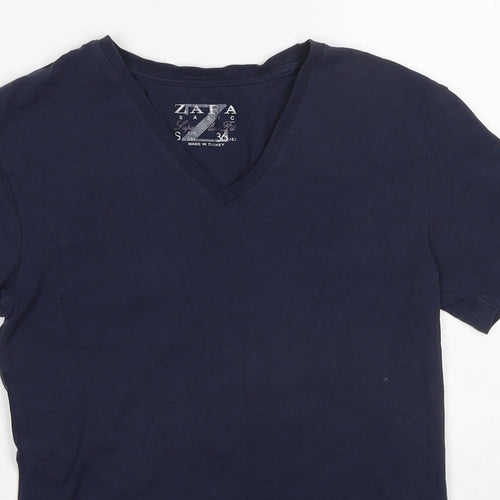 Zara Mens Blue Cotton T-Shirt Size S V-Neck