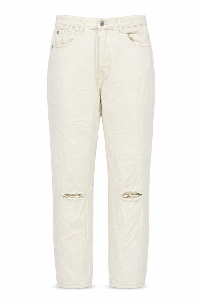 Front view of Missguided women’s beige cotton mom jeans, size UK 10, regular zip