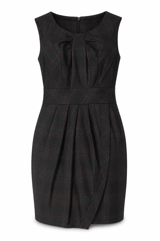 Front view of Next women’s black striped polyester shift, size UK 10, round neck zip