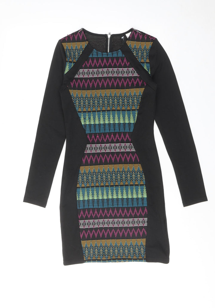 H&M Womens Multicoloured Geometric Polyester Shift Size 8 Round Neck Zip