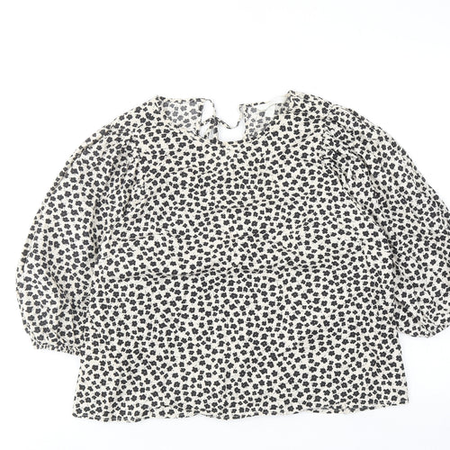 H&M Womens Beige Floral Cotton Basic Blouse Size L Boat Neck