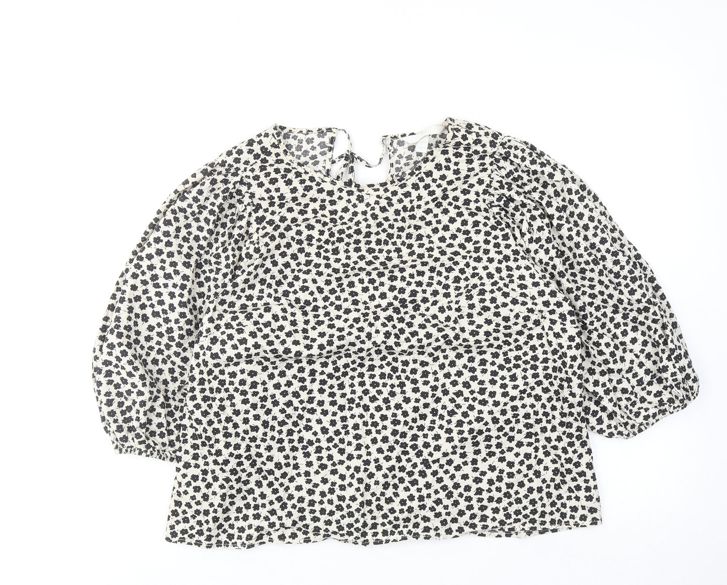 H&M Womens Beige Floral Cotton Basic Blouse Size L Boat Neck