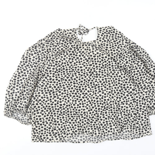 H&M Womens Beige Floral Cotton Basic Blouse Size L Boat Neck