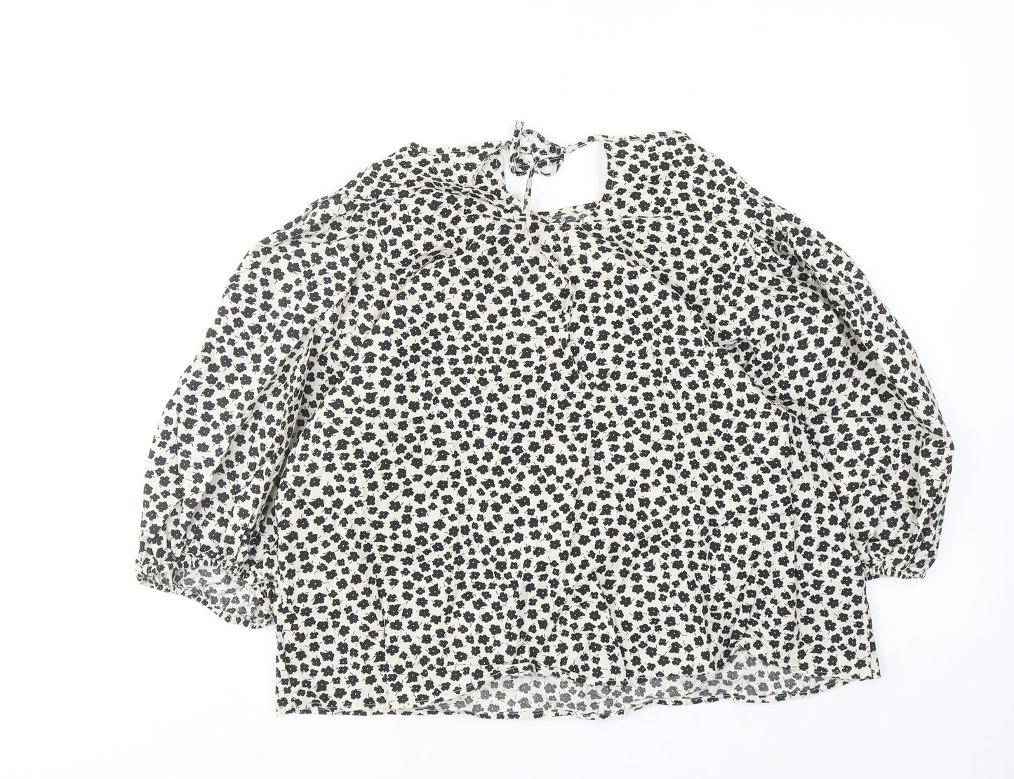 H&M Womens Beige Floral Cotton Basic Blouse Size L Boat Neck