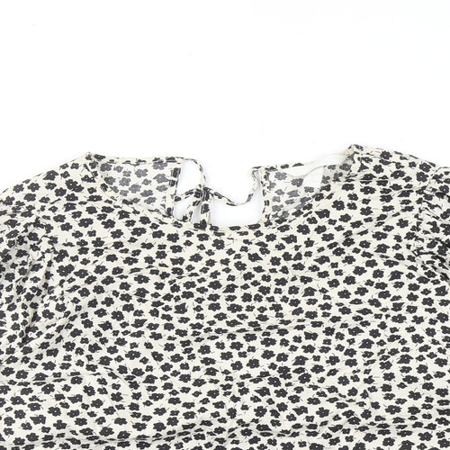 H&M Womens Beige Floral Cotton Basic Blouse Size L Boat Neck