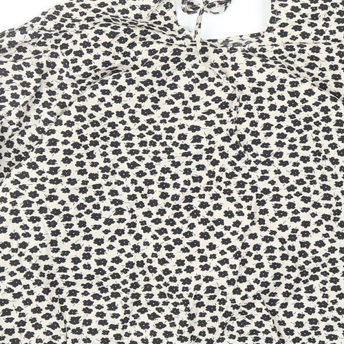 H&M Womens Beige Floral Cotton Basic Blouse Size L Boat Neck