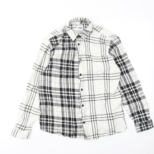 Zara Womens White Plaid Cotton Basic Button-Up Size S Collared