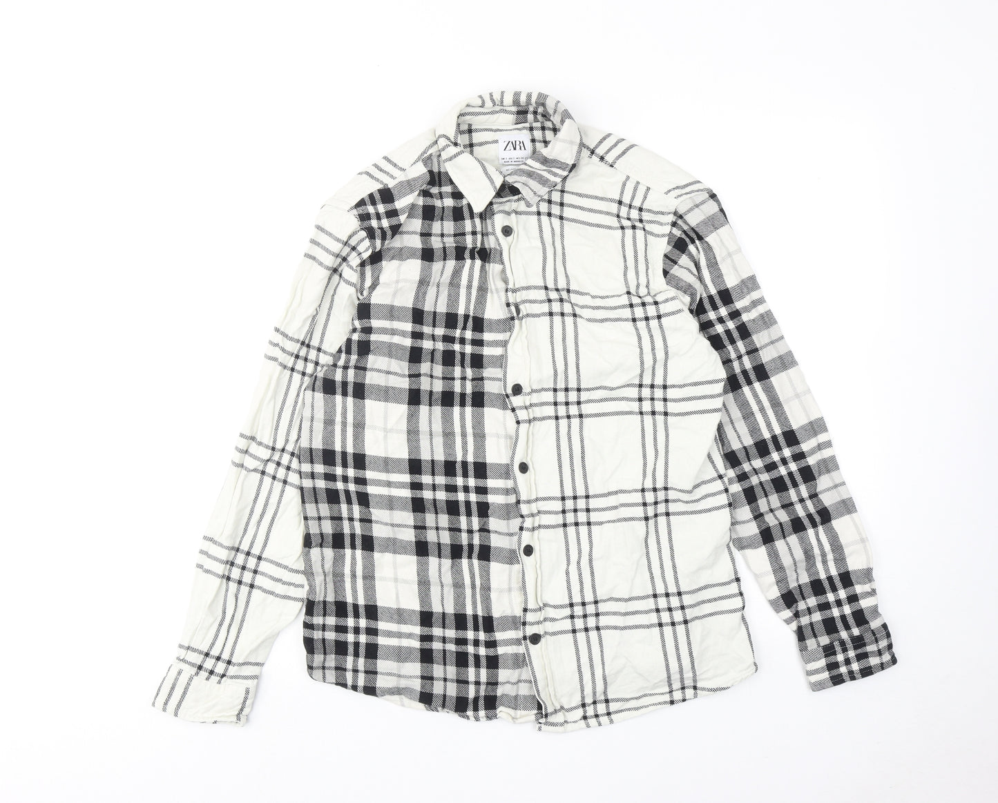 Zara Womens White Plaid Cotton Basic Button-Up Size S Collared
