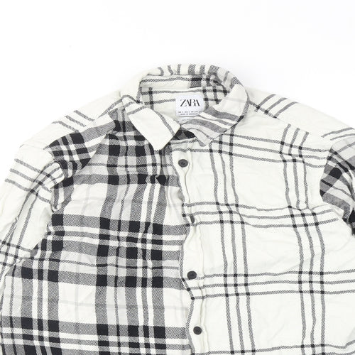 Zara Womens White Plaid Cotton Basic Button-Up Size S Collared