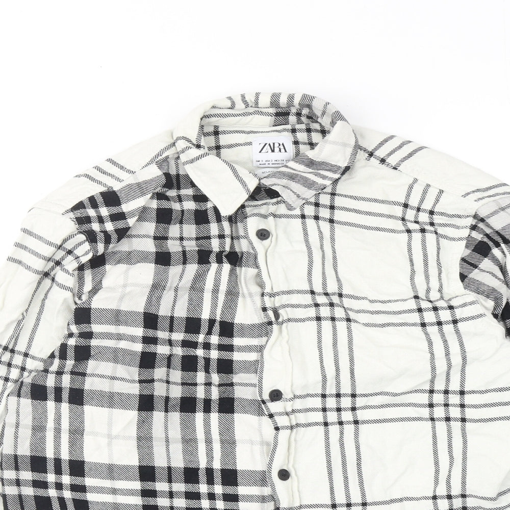 Zara Womens White Plaid Cotton Basic Button-Up Size S Collared