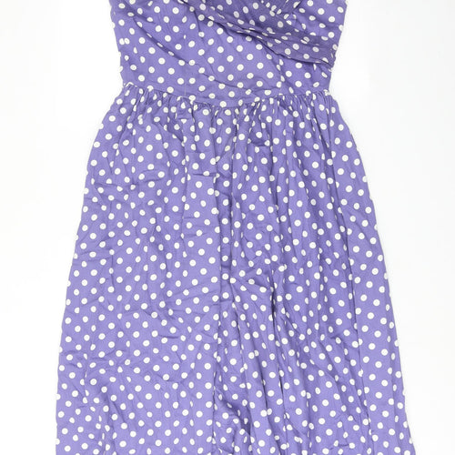 Laura Ashley Womens Purple Polka Dot Cotton A-Line Size 16 V-Neck Zip