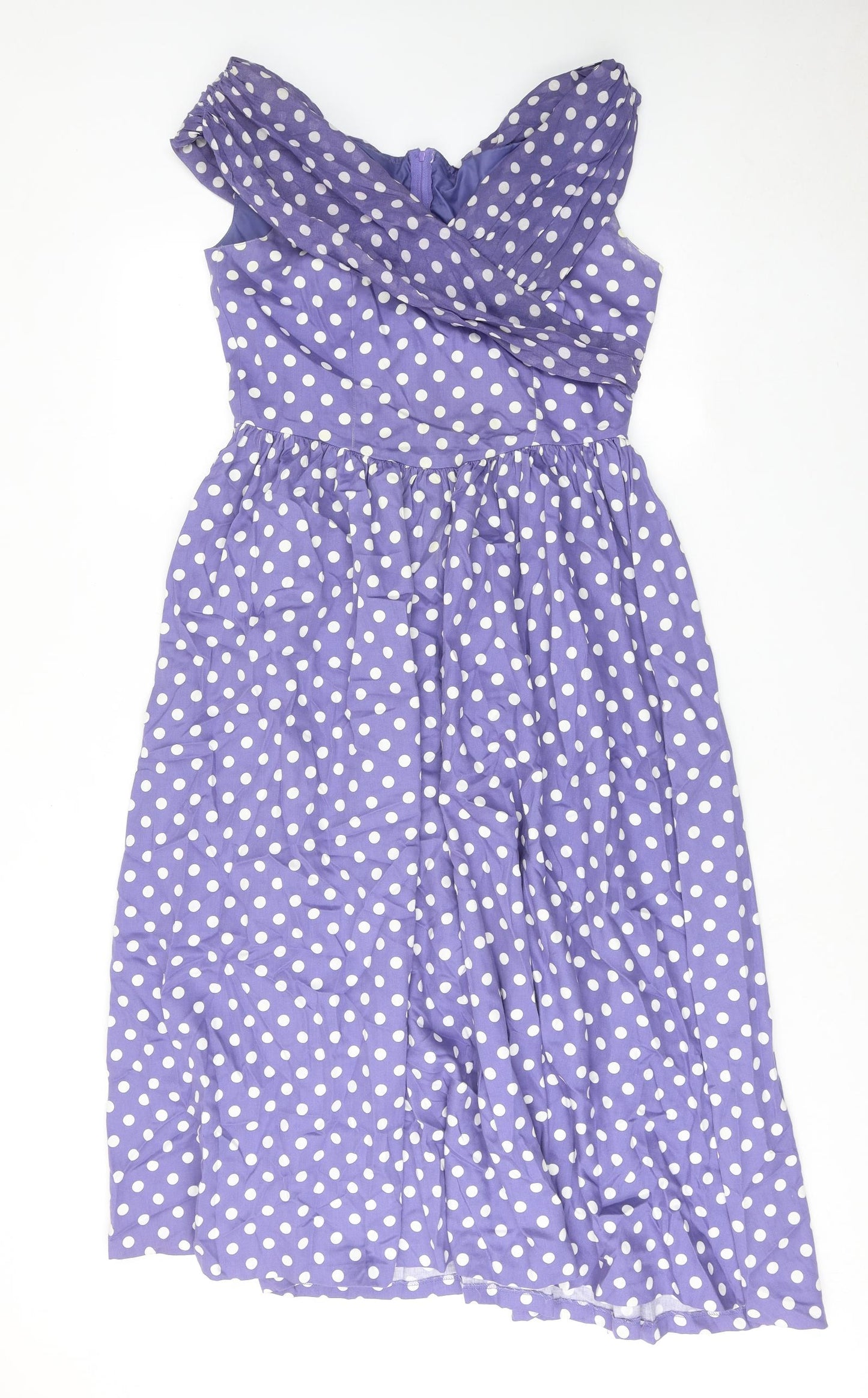 Laura Ashley Womens Purple Polka Dot Cotton A-Line Size 16 V-Neck Zip