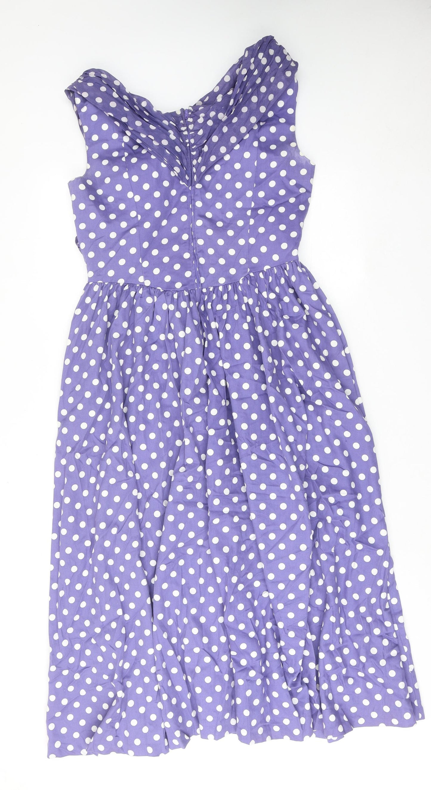 Laura Ashley Womens Purple Polka Dot Cotton A-Line Size 16 V-Neck Zip
