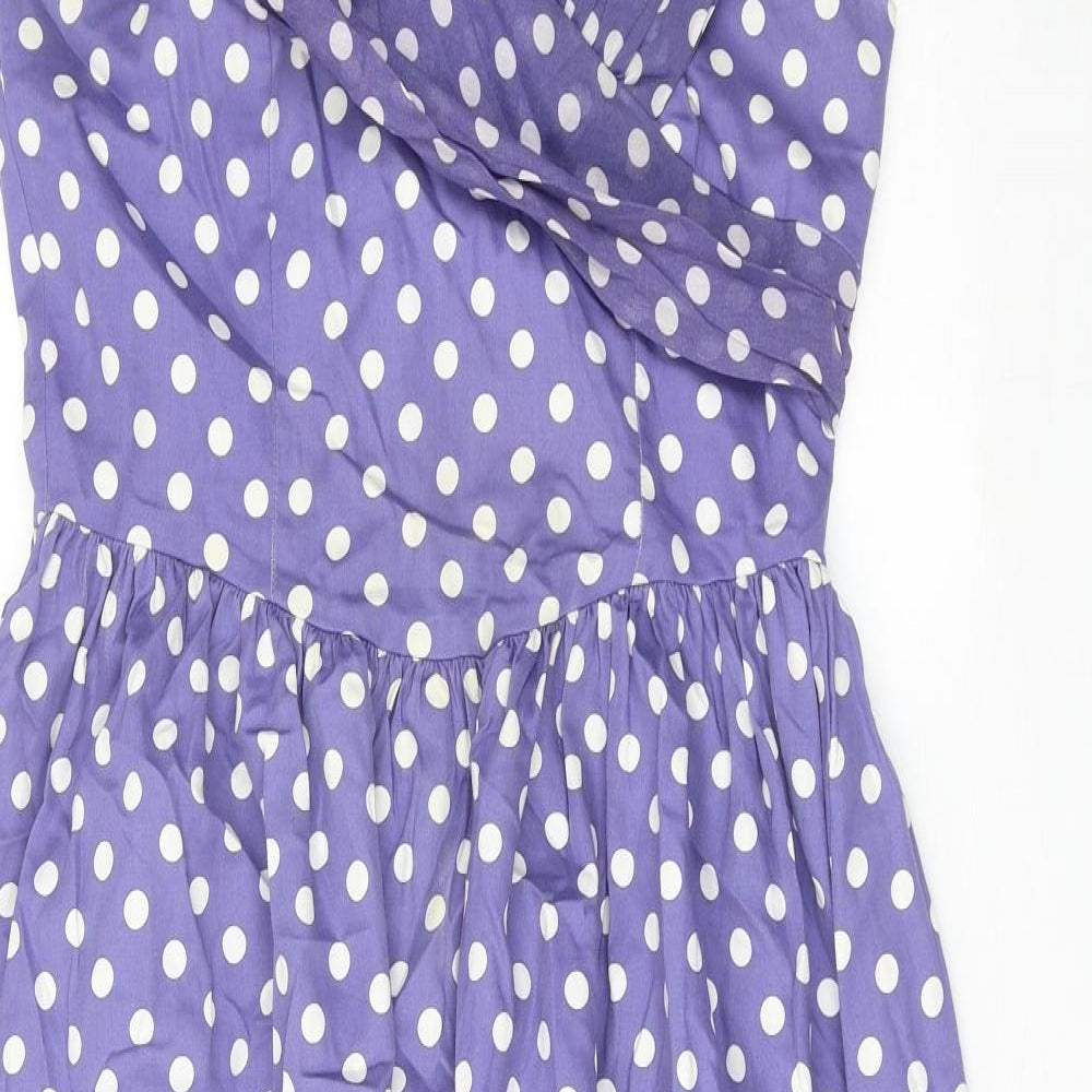 Laura Ashley Womens Purple Polka Dot Cotton A-Line Size 16 V-Neck Zip