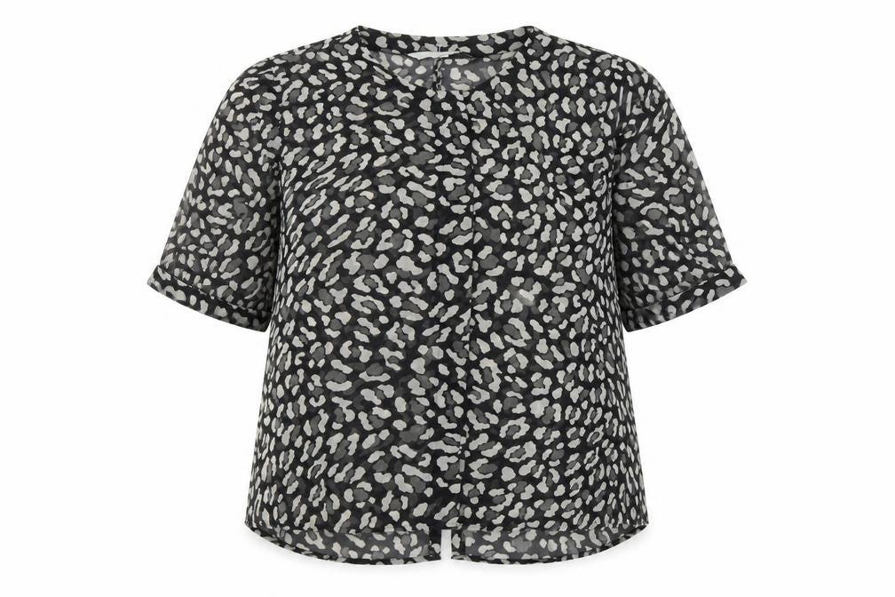 Front view of Preen/ Edition women’s black animal print polyester basic blouse, size UK 6, boat neck - leopard print