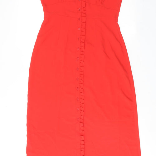 Topshop Womens Red Polyester Tank Dress Size 10 V-Neck Button