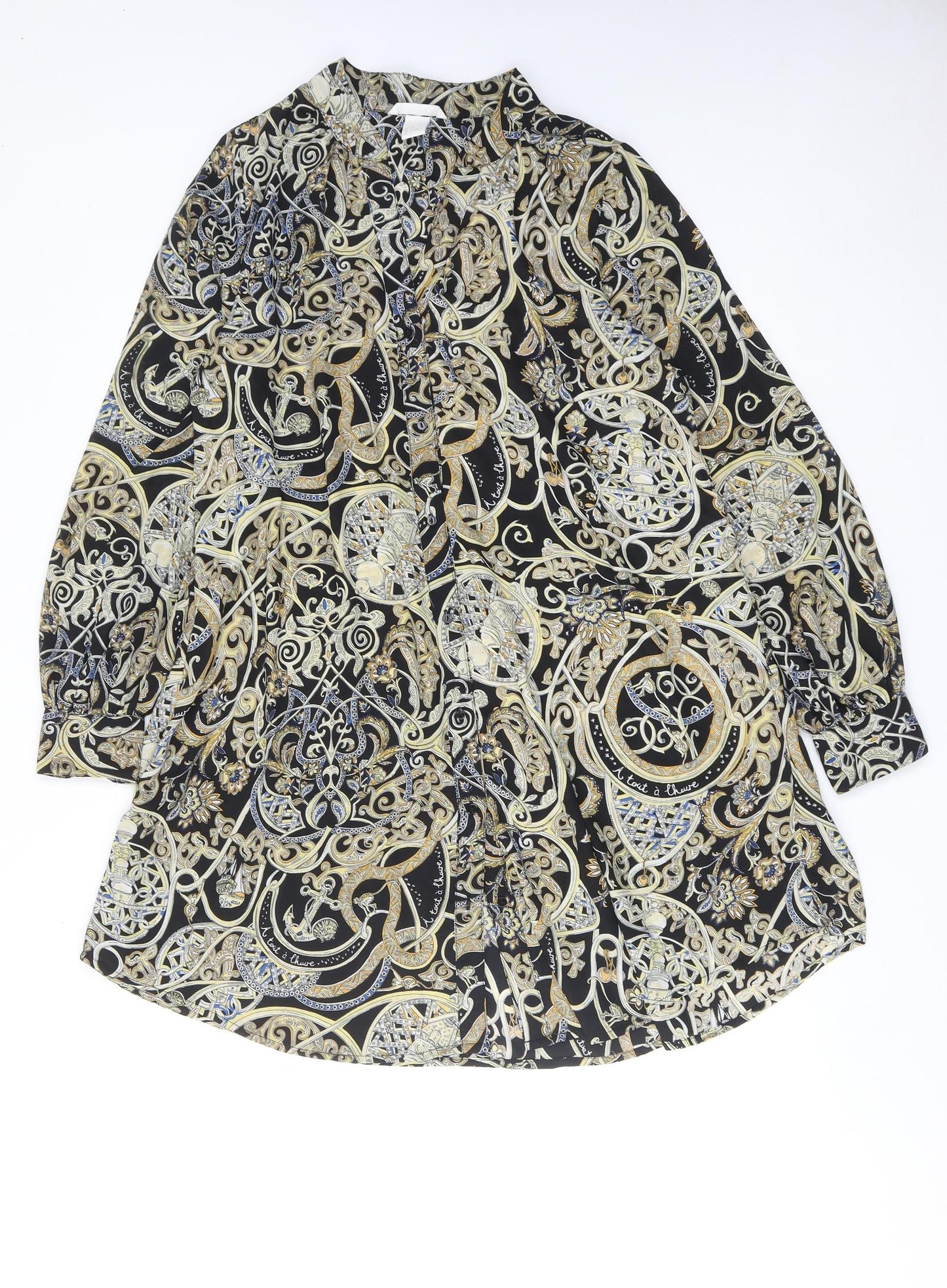 H&M Womens Multicoloured Geometric Polyester Shirt Dress Size 10 V-Neck Button