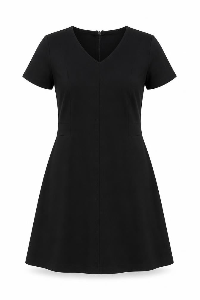 Front view of Next women’s black polyester skater dress, size UK 10, v-neck zip