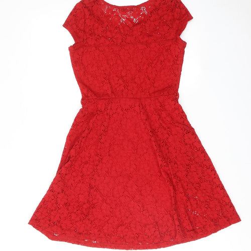 New Look Womens Red Polyamide Skater Dress Size 10 Round Neck Pullover