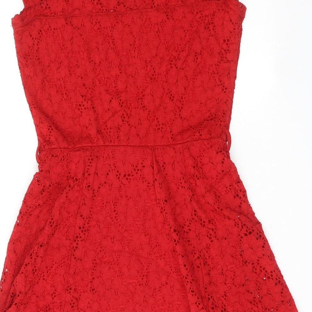 New Look Womens Red Polyamide Skater Dress Size 10 Round Neck Pullover