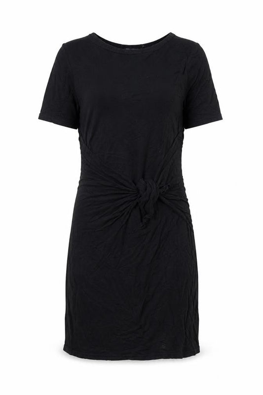 Front view of PRETTYLITTLETHING women’s black viscose shift, size UK 6, round neck pullover - twist detail