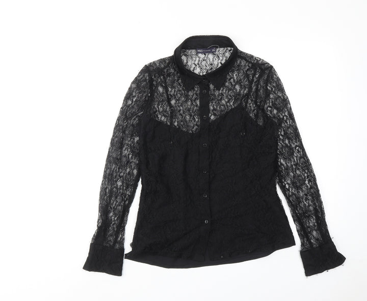 Marks and Spencer Womens Black Polyamide Basic Button-Up Size 10 Collared