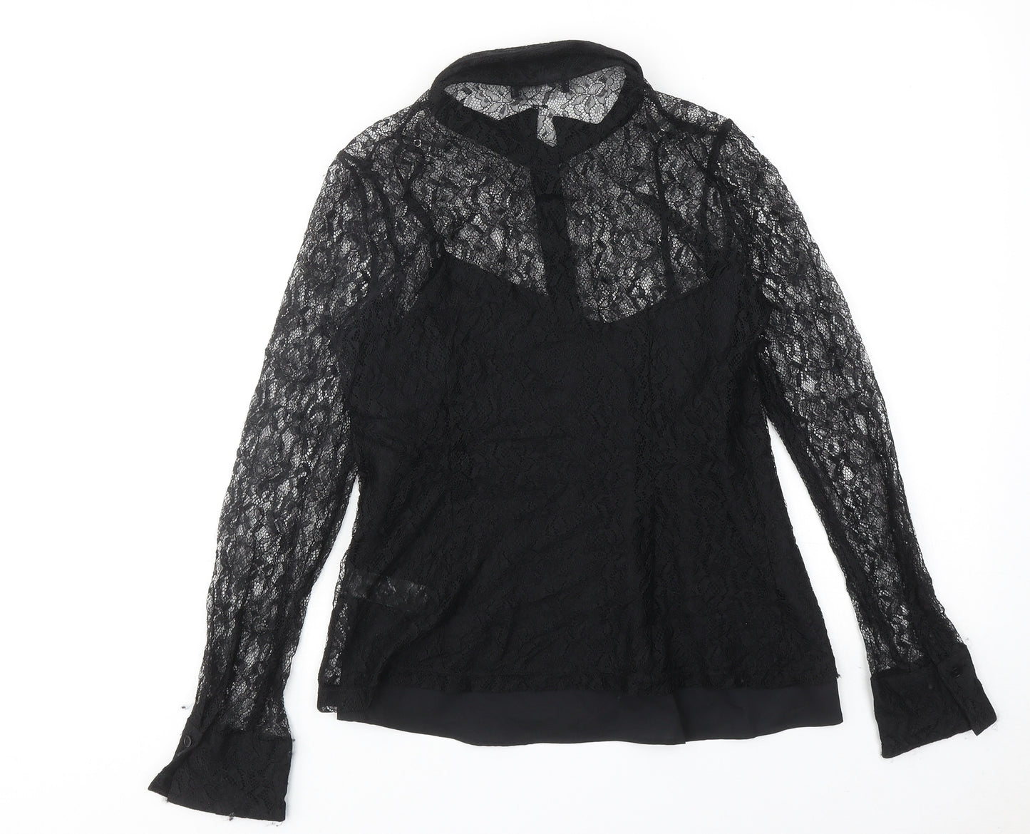 Marks and Spencer Womens Black Polyamide Basic Button-Up Size 10 Collared
