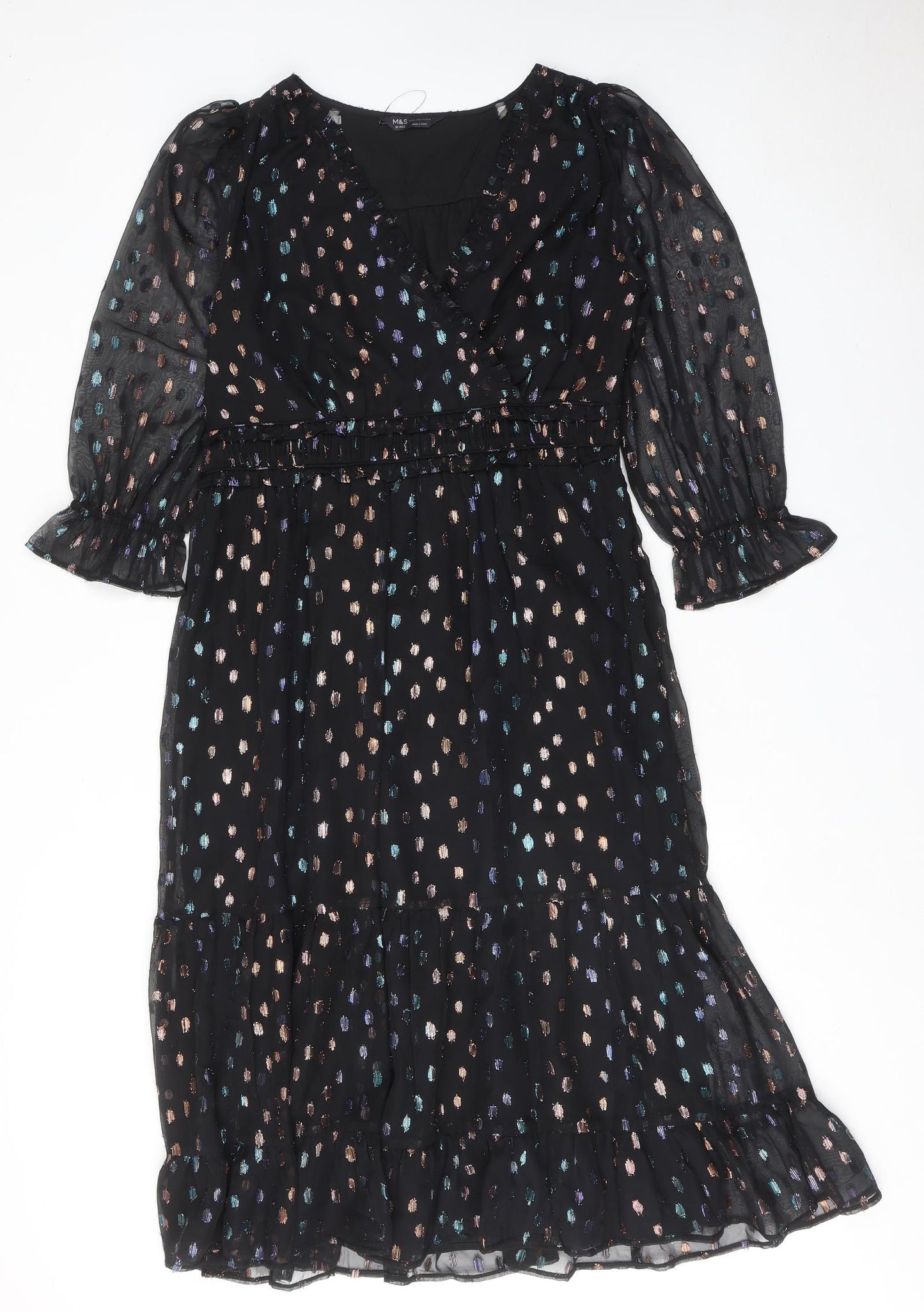 Marks and Spencer Womens Black Polka Dot Polyester A-Line Size 12 V-Neck Tie