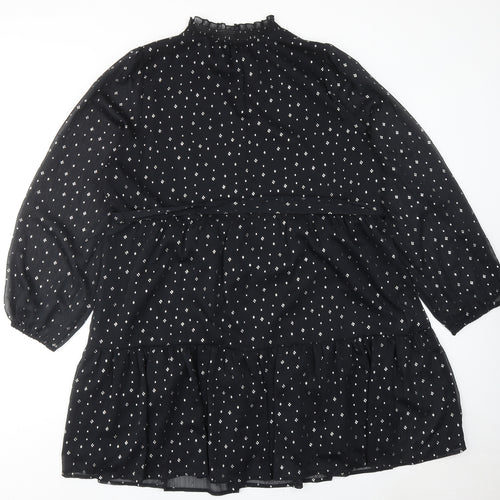 Marks and Spencer Womens Black Geometric Polyester A-Line Size 18 V-Neck Button
