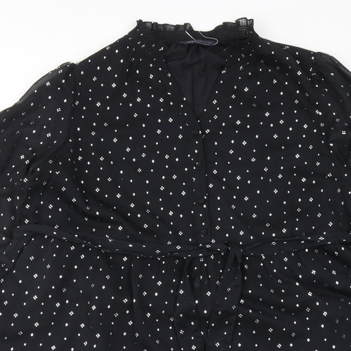 Marks and Spencer Womens Black Geometric Polyester A-Line Size 18 V-Neck Button