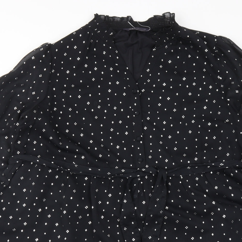 Marks and Spencer Womens Black Geometric Polyester A-Line Size 18 V-Neck Button