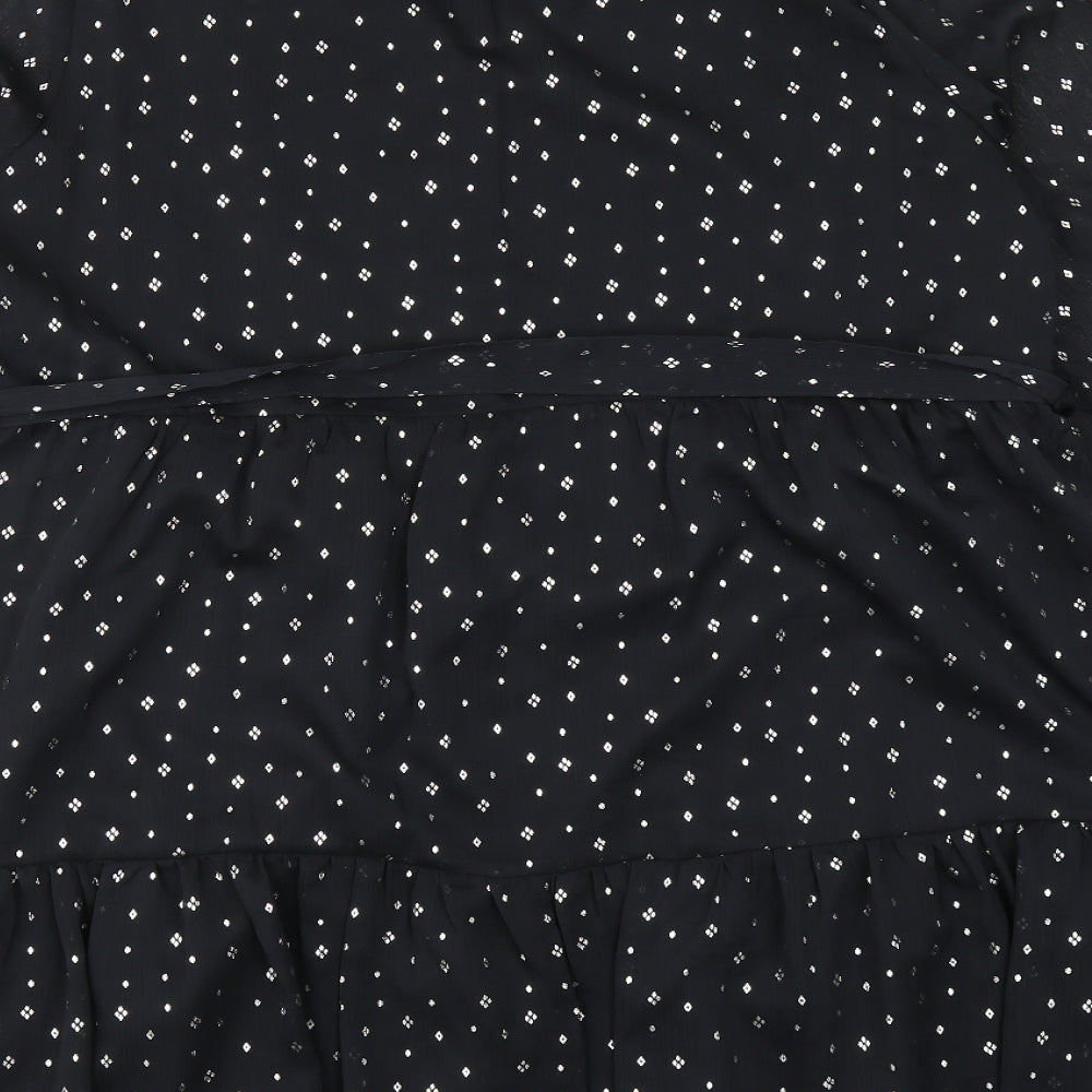 Marks and Spencer Womens Black Geometric Polyester A-Line Size 18 V-Neck Button