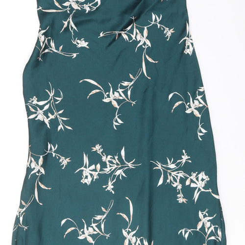Marks and Spencer Womens Green Geometric Polyester Slip Dress Size 12 Round Neck Pullover - Open Back, Lace Detail